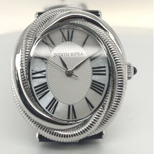 🎁Judith Ripka Couture Eternity Silver Watch with Black Alligator leather strap
